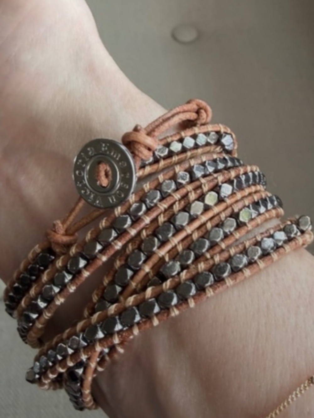 Victoria Emerson Leather Wrap Bracelet | Metallic Hematite Beads | Boho Layered